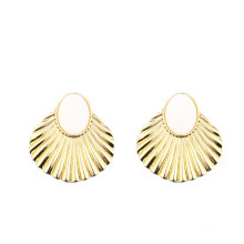 Shangjie OEM Anillo White shell earrings retro court style wave pattern metal fan shape big hoop earrings